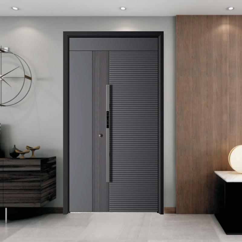 Vordertür aus grauem Design mit Glaseinsatz, Metallaußenseite und Stahl