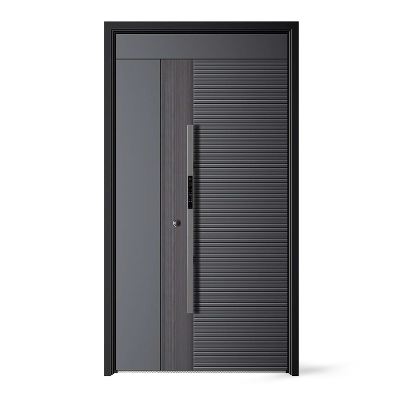 Vordertür aus grauem Design mit Glaseinsatz, Metallaußenseite und Stahl